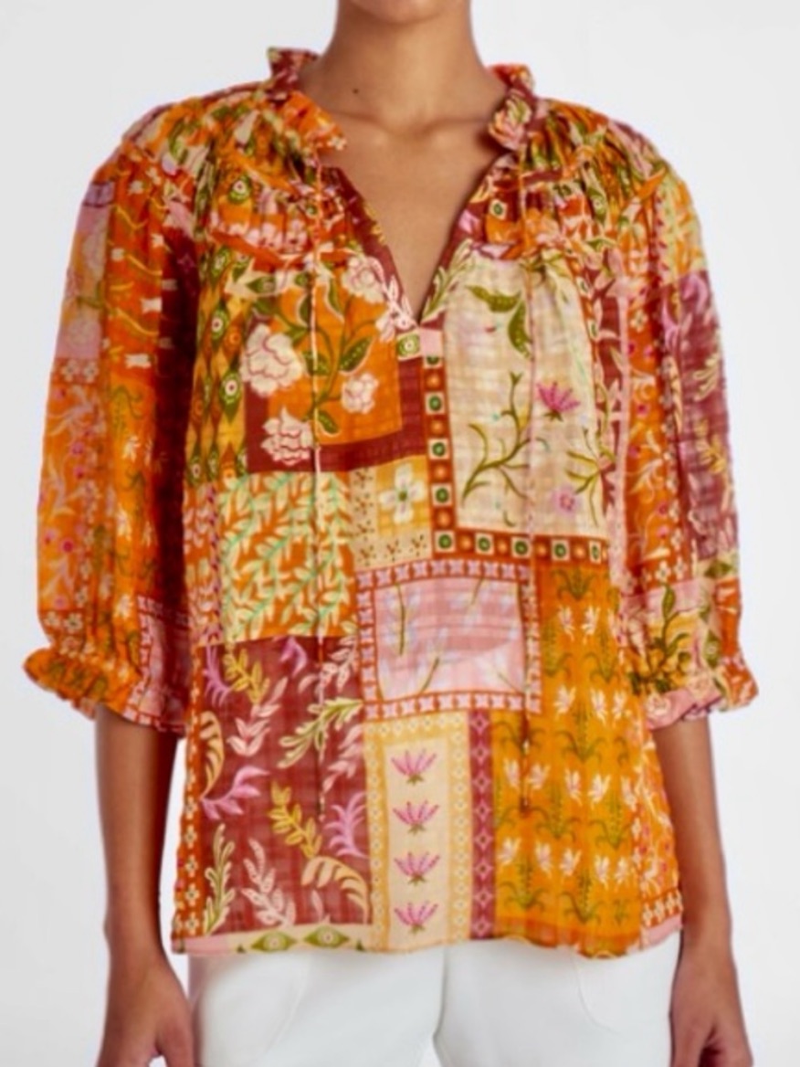 Marie Oliver Finley Peasant Top Women’s Size S Poppy Patchwork Linen Blend Boho
